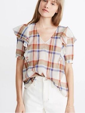 Madewell Small Shady Plaid Rusted Tin V-Neck Ruffle Boho Western 100% Cotton Top